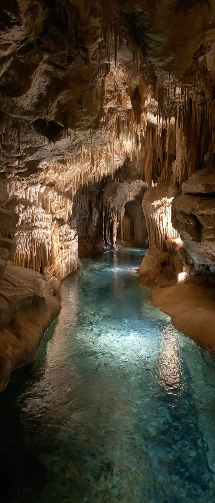 Antiche stalattiti in una luminosa scena di grotta sotterranea