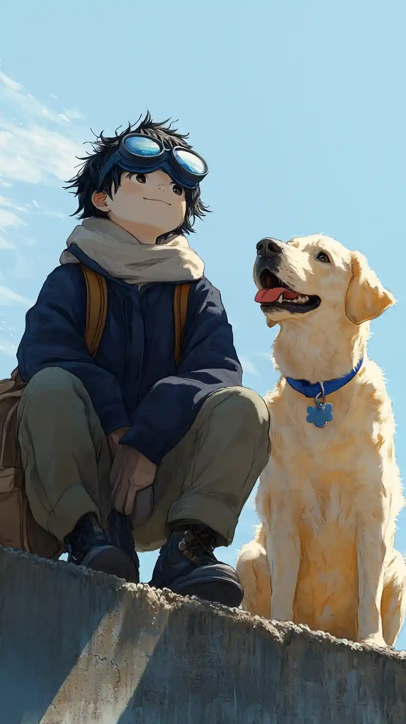 Garoto e labrador descansando junto a um muro sob o céu azul