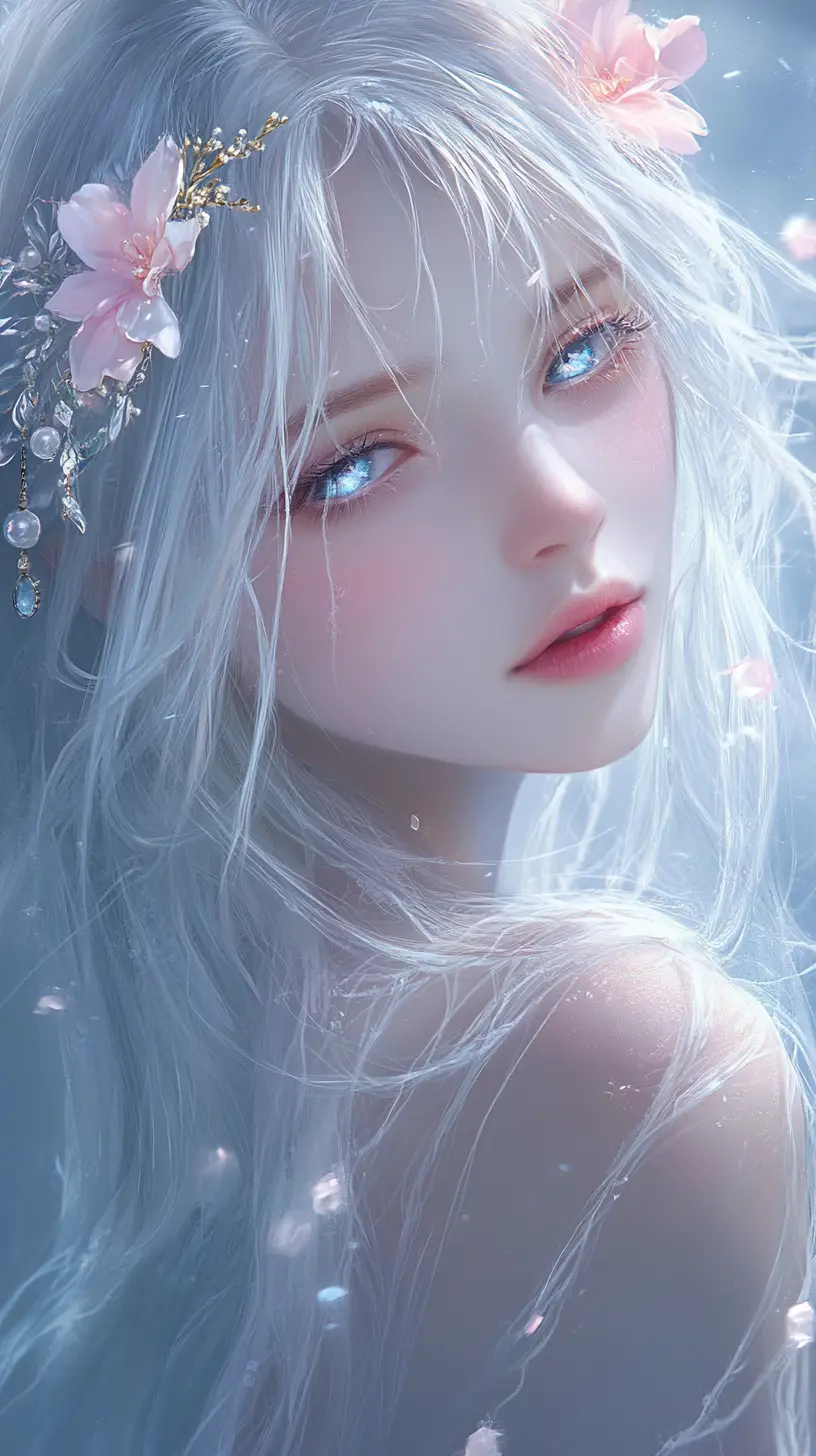 銀髪のファンタジー少女と花、そして光り輝く幻想的な世界