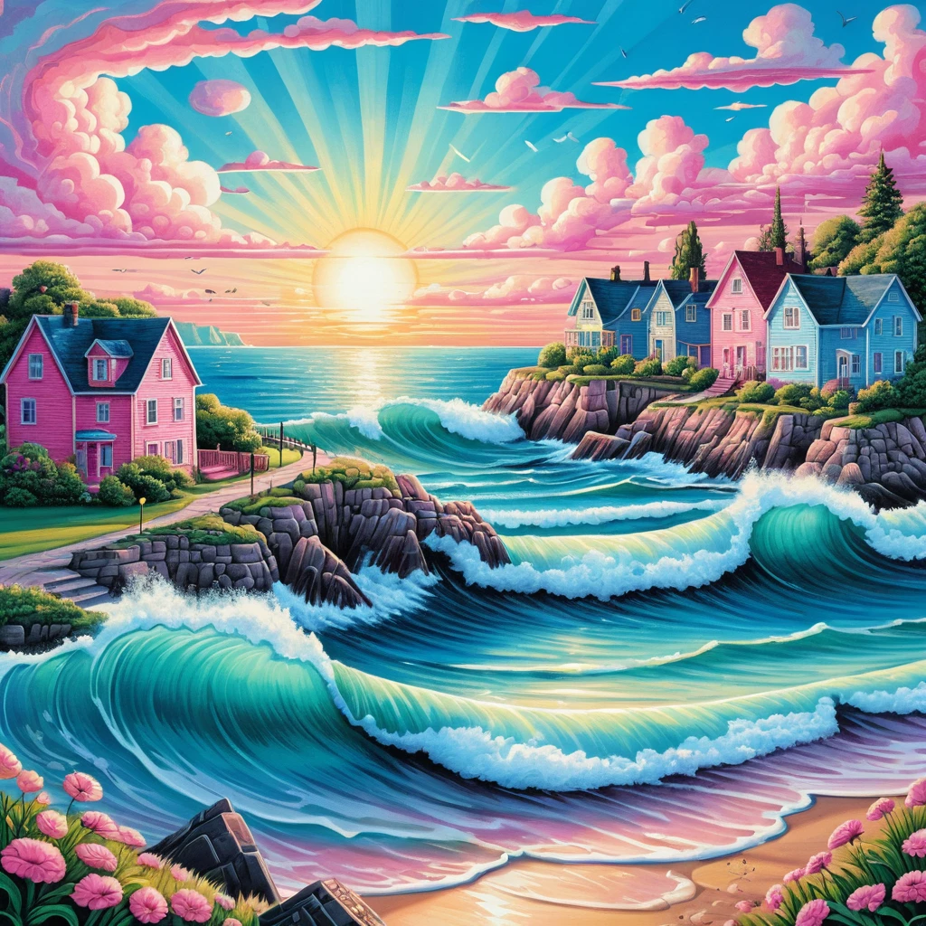 Cidade litorânea colorida ao nascer do sol em ilustração em desenho animado