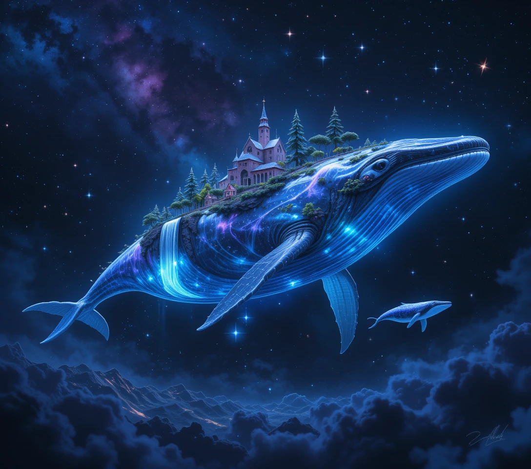 Baleia Espacial Brilhante Carregando um Mundo de Cachoeiras Flutuantes