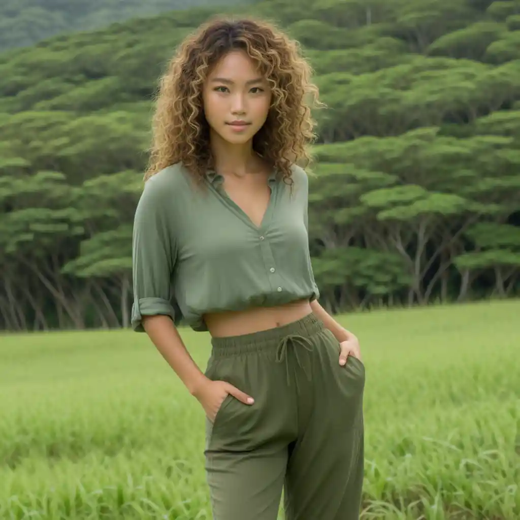 Mulher okinawana de pele morena em um campo de floresta