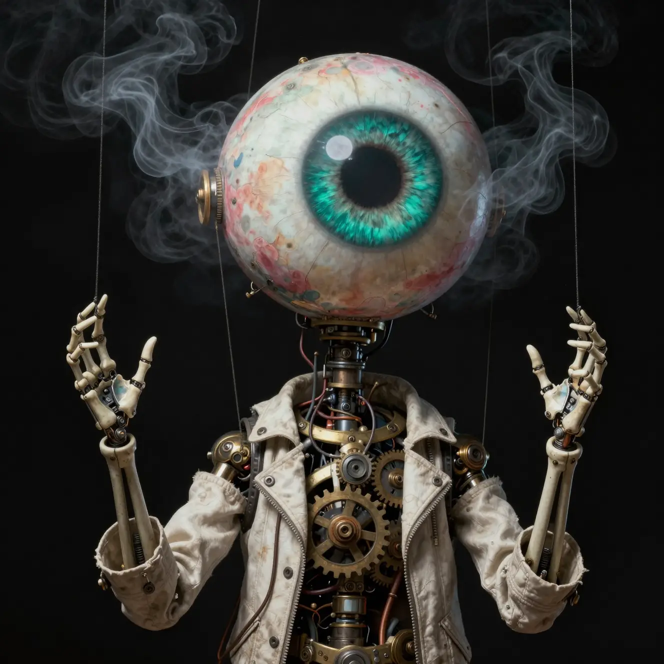 Figura di marionetta biomeccanica con enorme testa a forma di occhio color teal