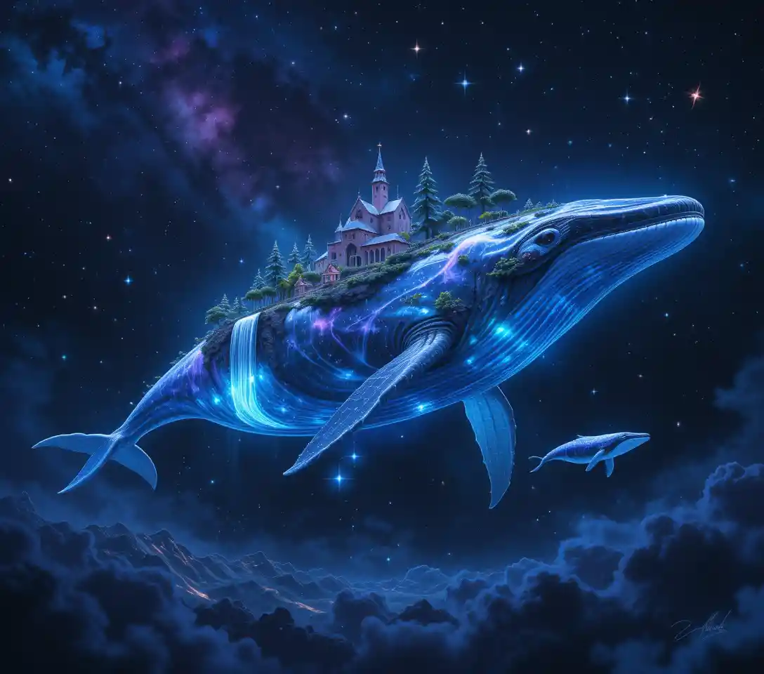 Baleia Espacial Brilhante Carregando um Mundo de Cachoeiras Flutuantes