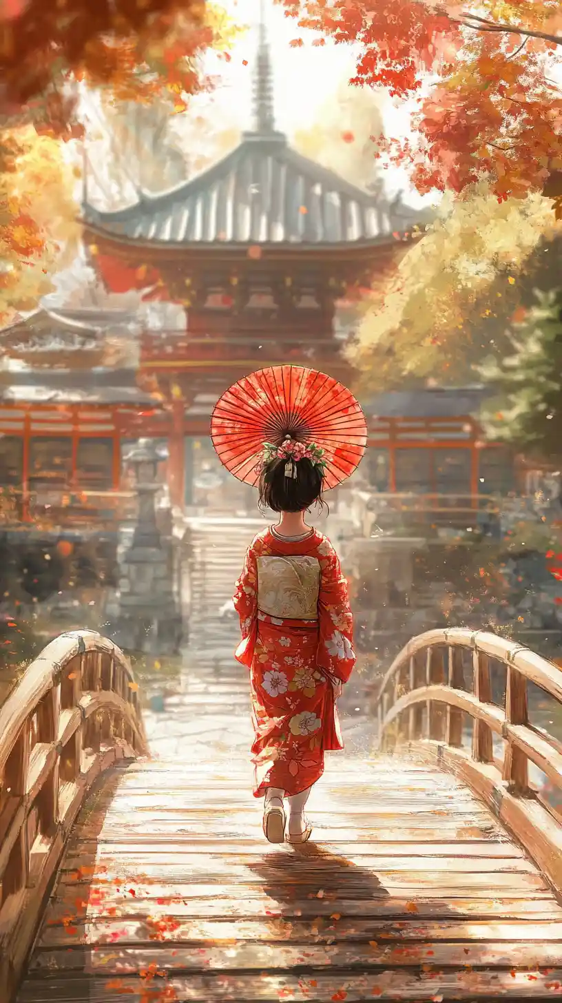 Ragazza giapponese in kimono rosso su un ponte in un tempio autunnale
