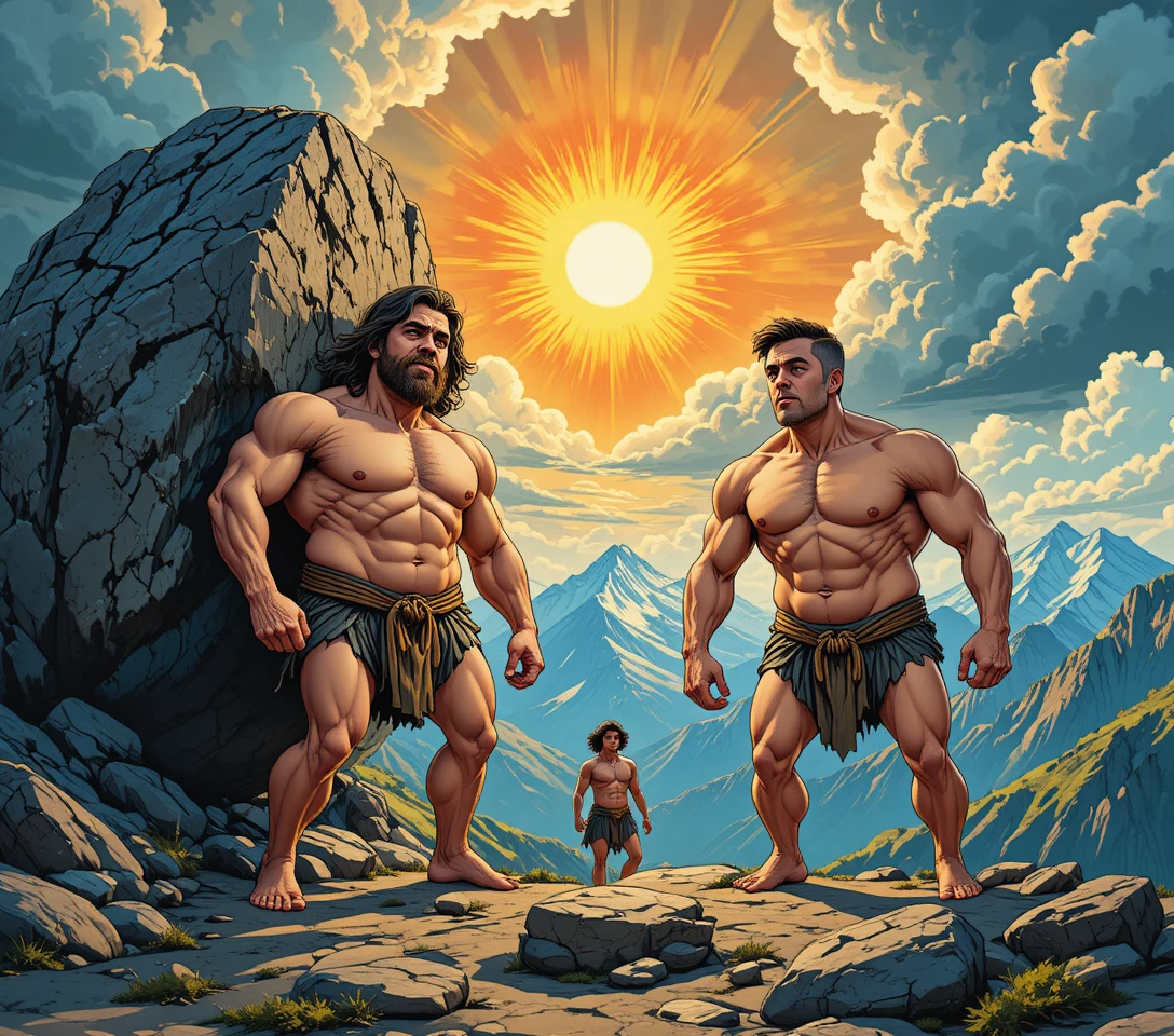 Homens musculosos levantando um enorme pedregulho na montanha