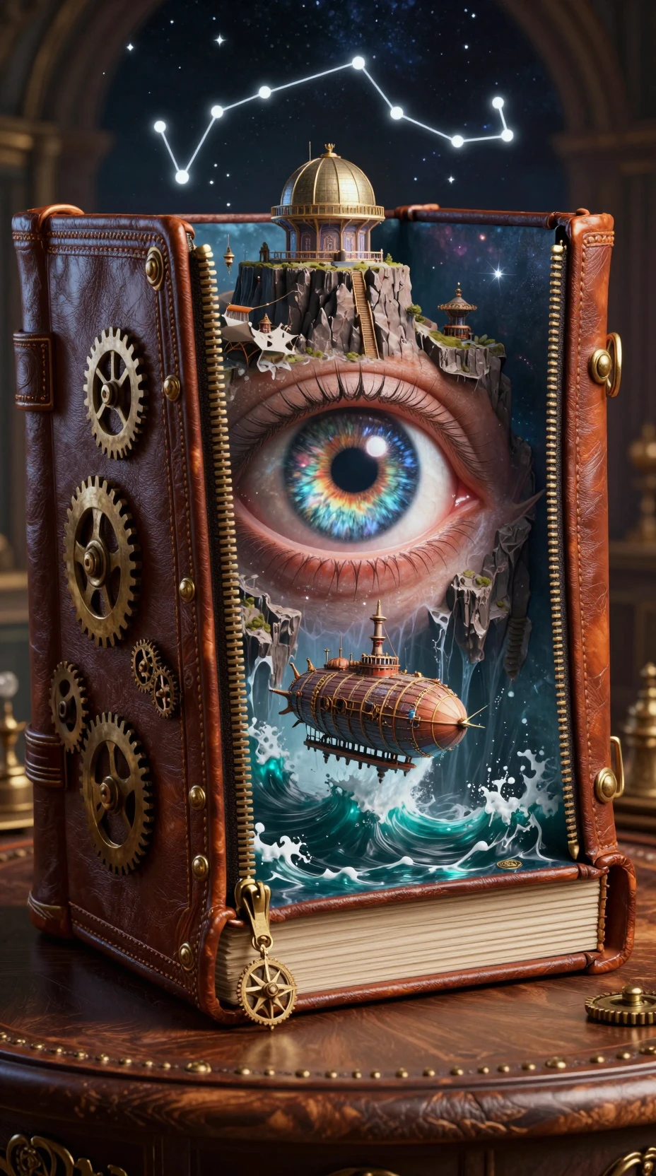 Ancient leather book unzipped to reveal a surreal universe