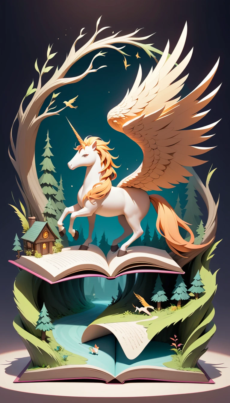 Unicornio con alas de fénix emergiendo de un bosque pop‑up