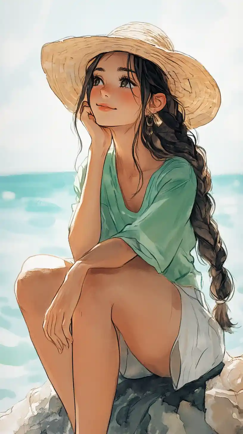 Jeune femme rêvant au bord de la mer en art aquarelle