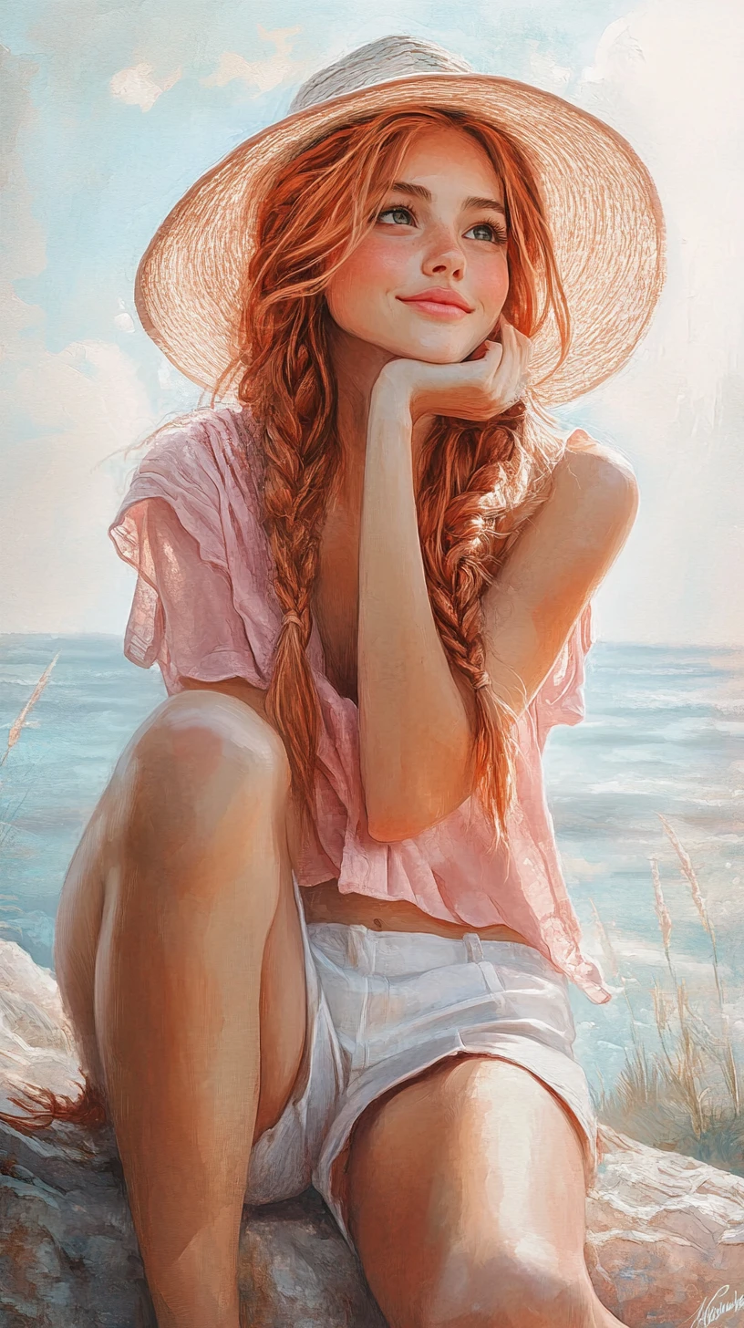 Jeune femme avec chapeau rêvant au bord de la mer paisible