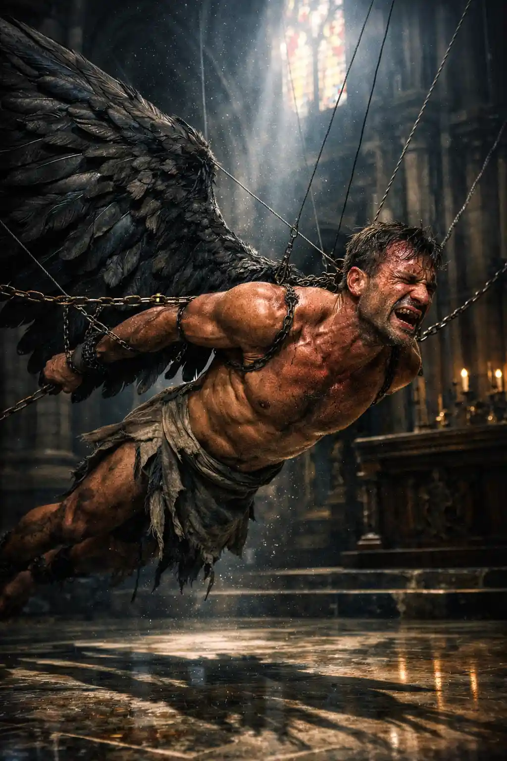 Chained winged figure in dramatic light inside ancient church