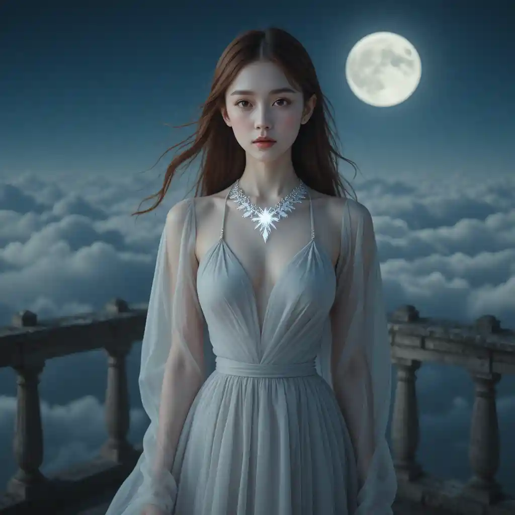 Korean woman in pale grey chiffon on a moonlit balcony