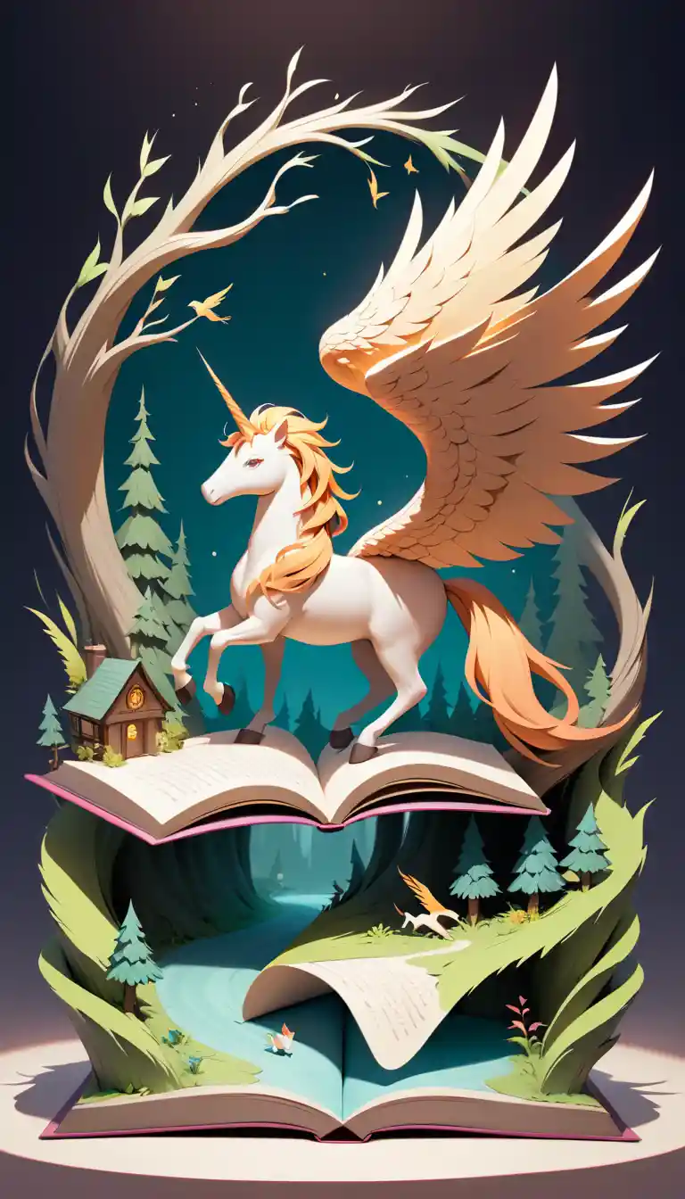Unicorno con ali di fenice che emerge da una foresta pop‑up