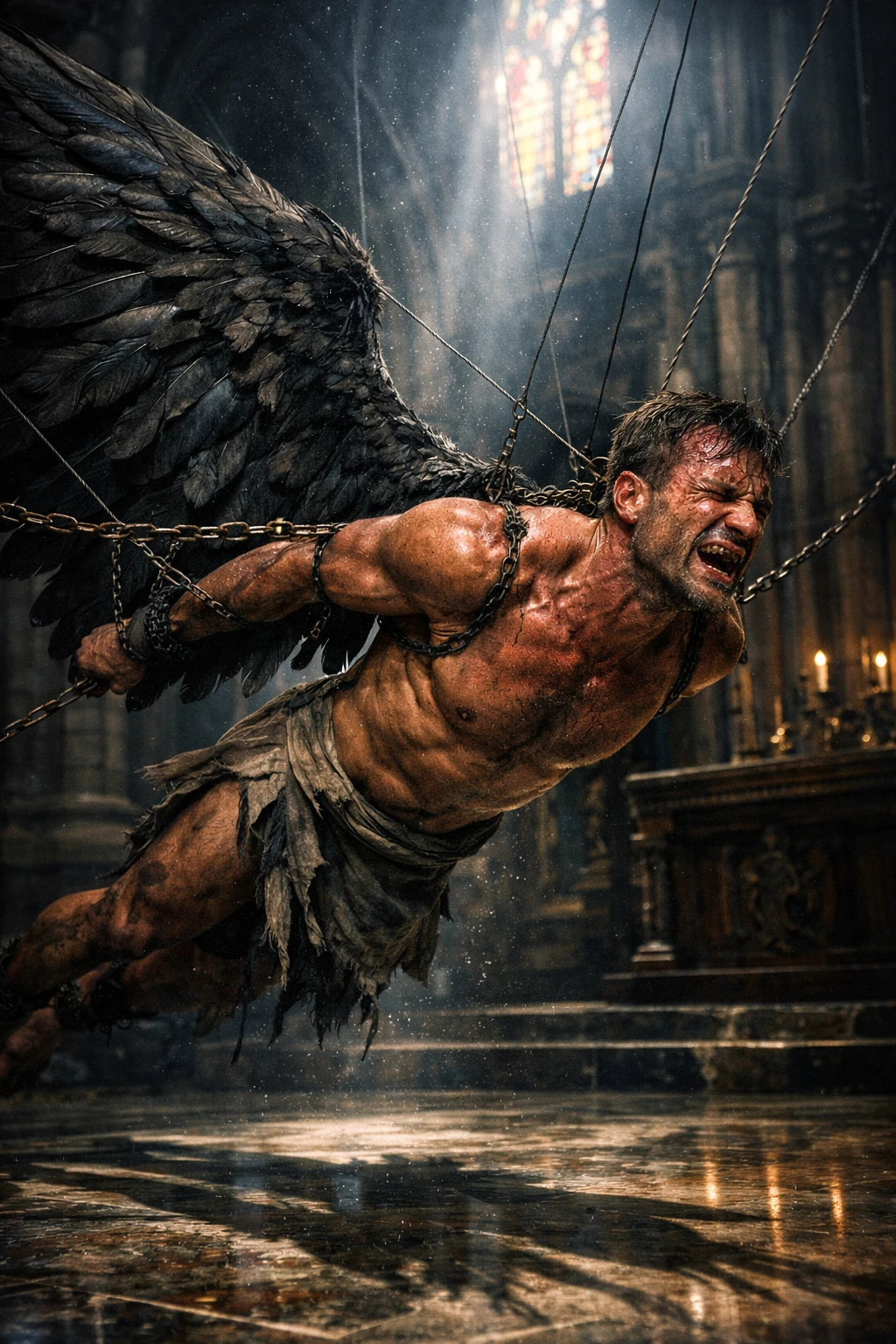 Chained winged figure in dramatic light inside ancient church