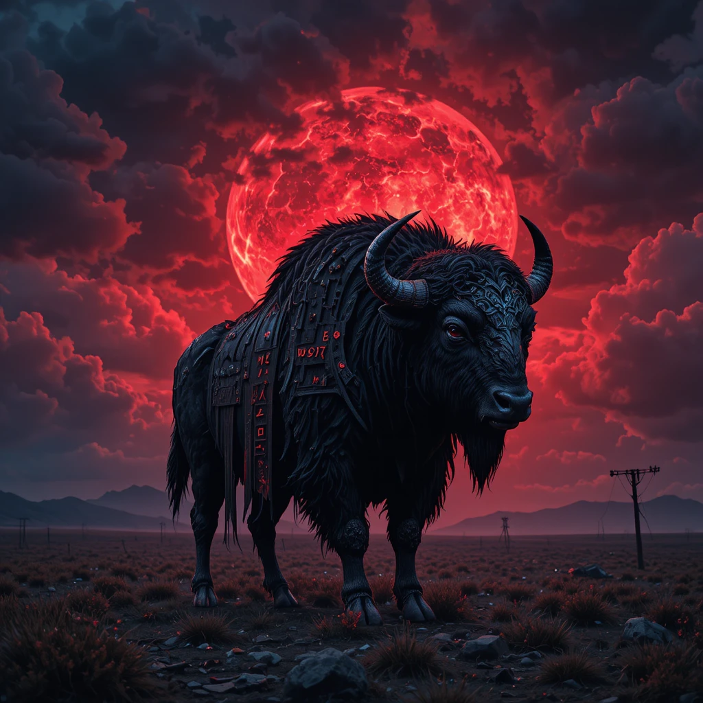Obsidian horned bison under a stormy blood red sky