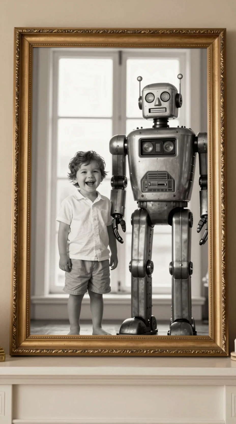 笑顔の子どもとそびえ立つロボットの額縁ポートレート