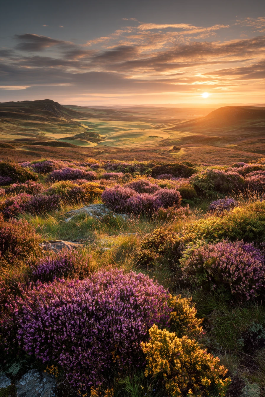 Golden sunrise over colorful Scottish moorland with heather