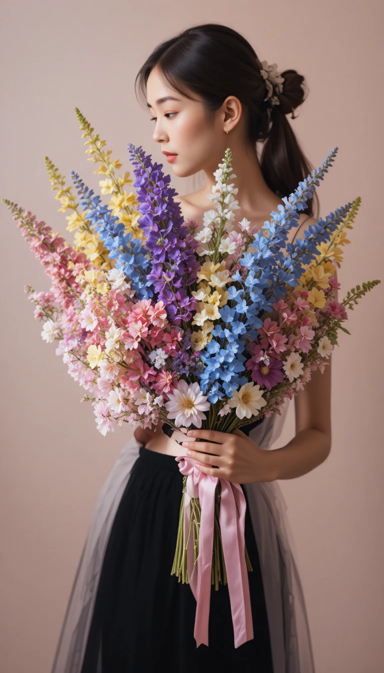 Mulher escondendo o rosto atrás de um buquê de flores alto