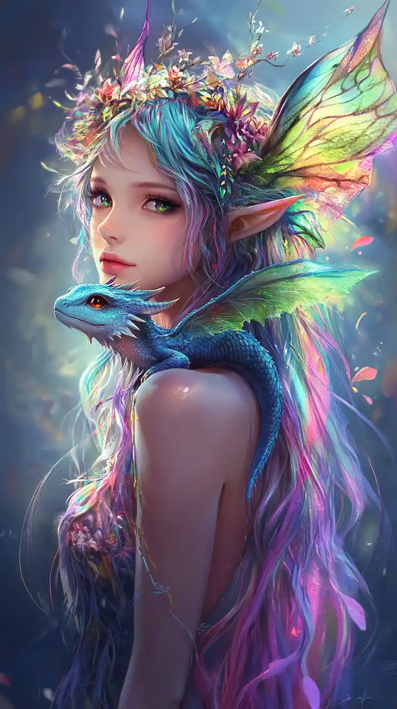 Hada de anime serena con cabello arcoíris y dragón mascota
