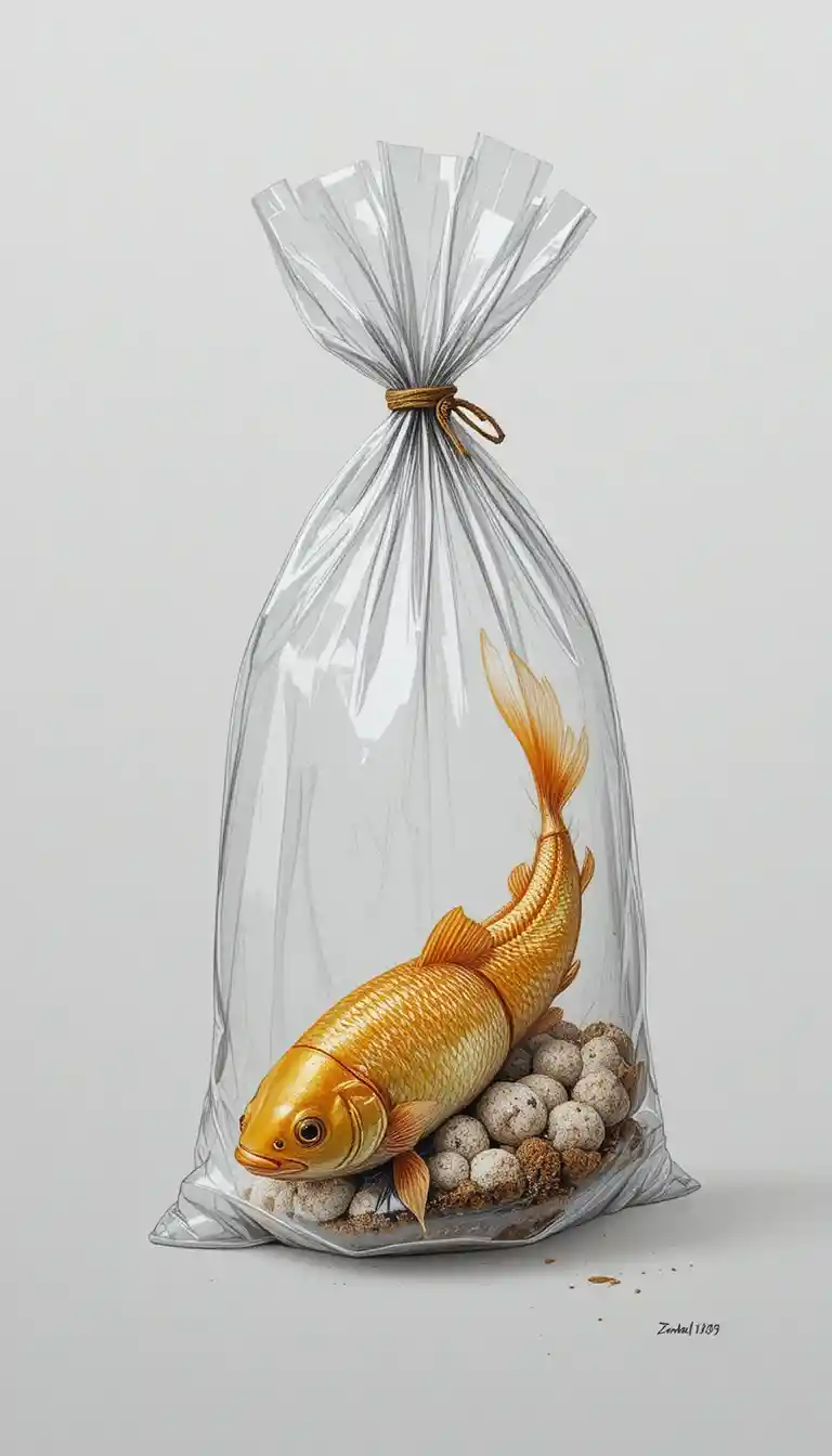 Primo piano a matita di un pesce rosso in un sacchetto di plastica
