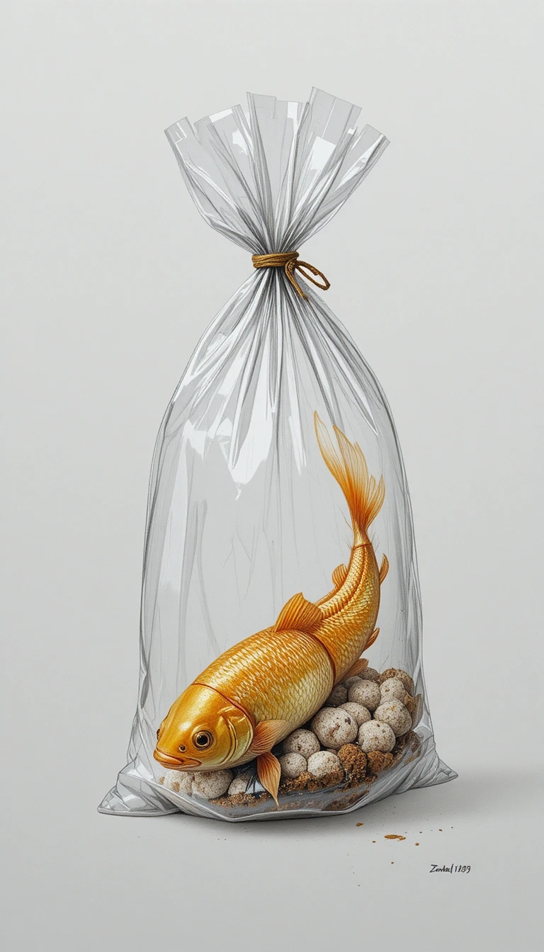 ビニール袋の中の金魚の鉛筆画クローズアップ