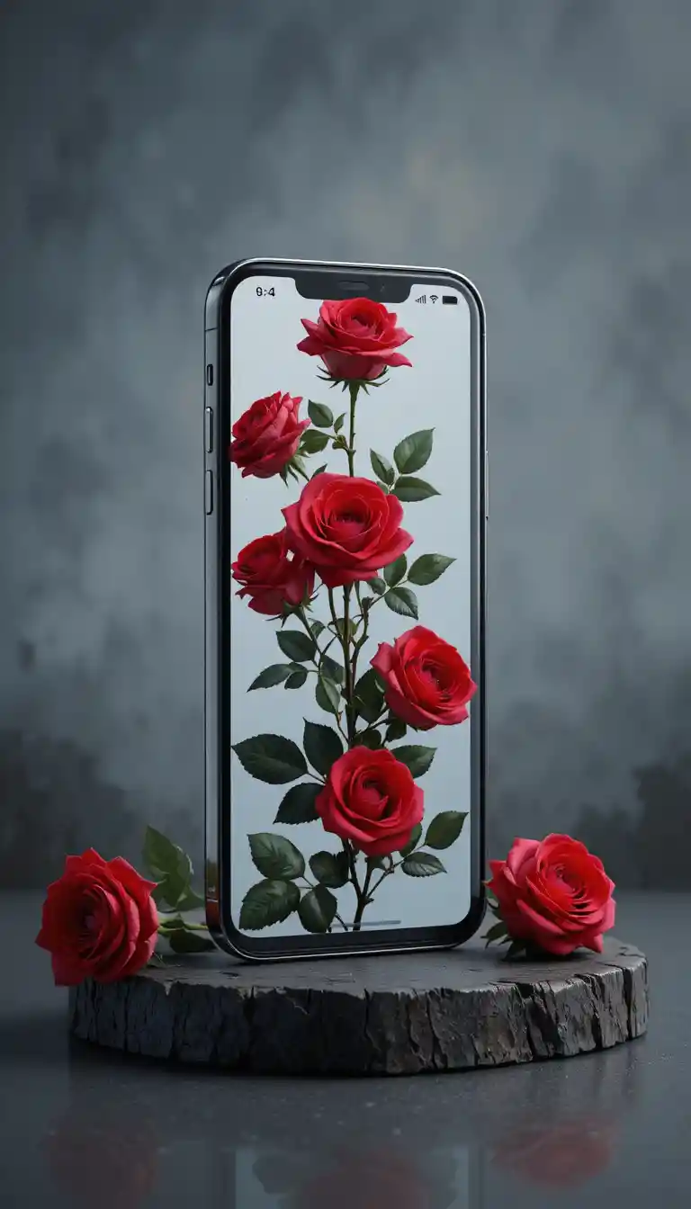 Smartphone With Red Roses Emerging On Dark Background