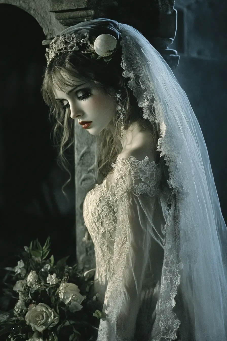 Sposa a brandelli che aspetta da sola in un cimitero inquietante