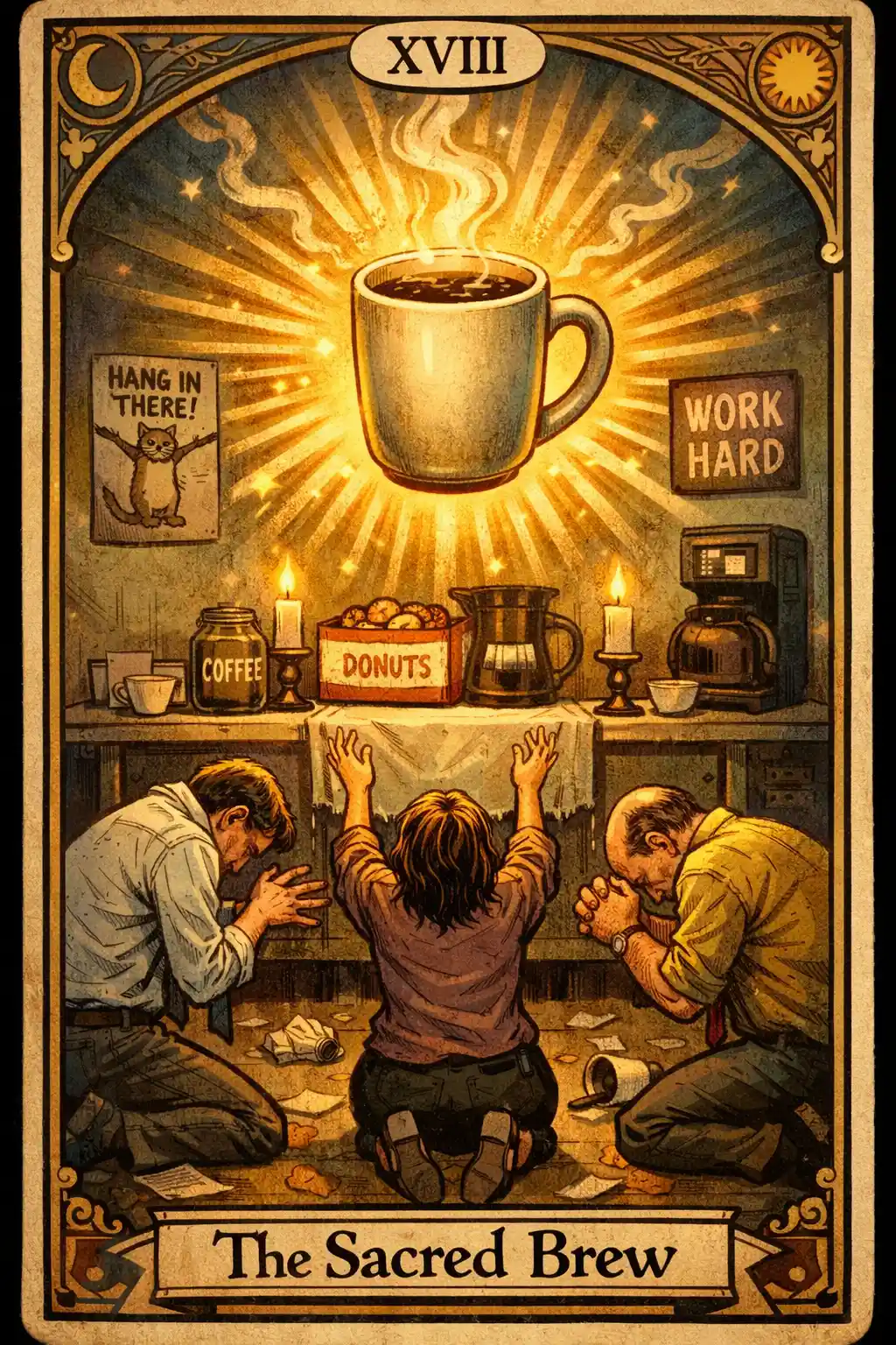 Divertente carta dei tarocchi con altare del caffè luminoso nella sala relax dell’ufficio