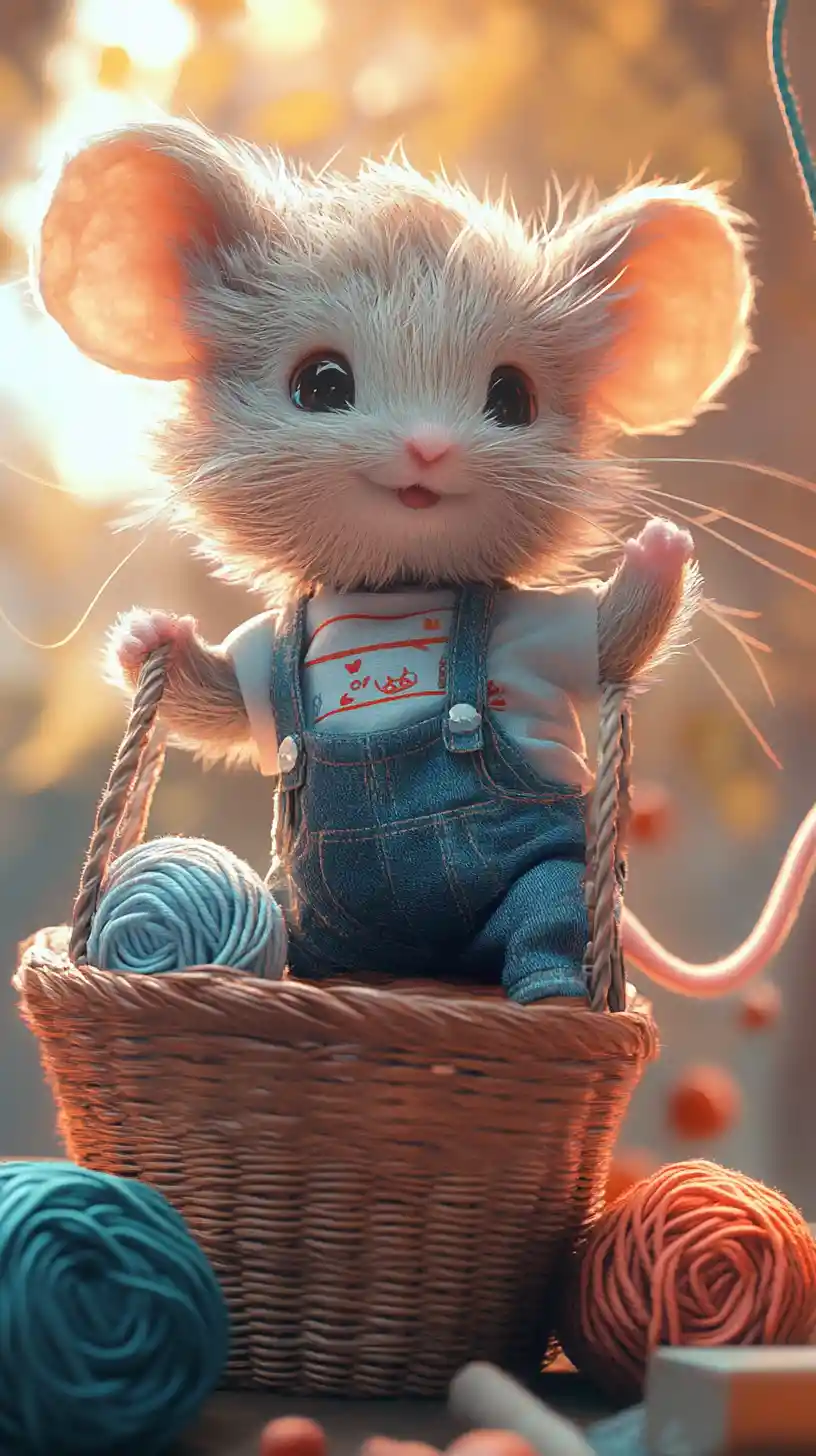 Dolce topolino in equilibrio sul gomitolo di lana in una vivace illustrazione