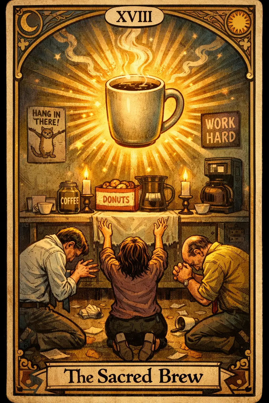 Divertente carta dei tarocchi con altare del caffè luminoso nella sala relax dell’ufficio
