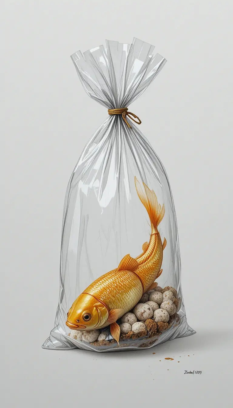 Primo piano a matita di un pesce rosso in un sacchetto di plastica