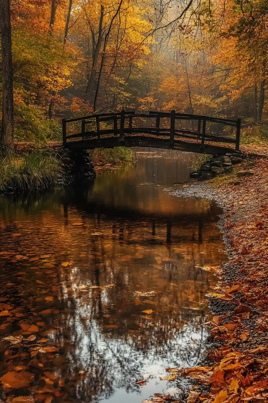 Vieux pont en bois au-dessus d’un ruisseau limpide dans une forêt d’automne