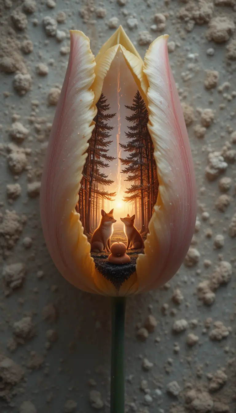 Macro tulip tattoo with glowing surreal forest scene