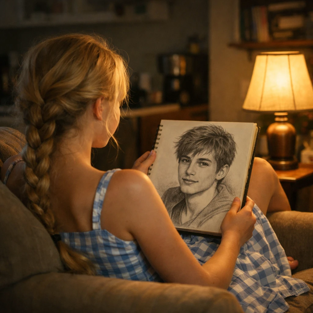 Teen girl in braid gazing at sketch in dim apartment