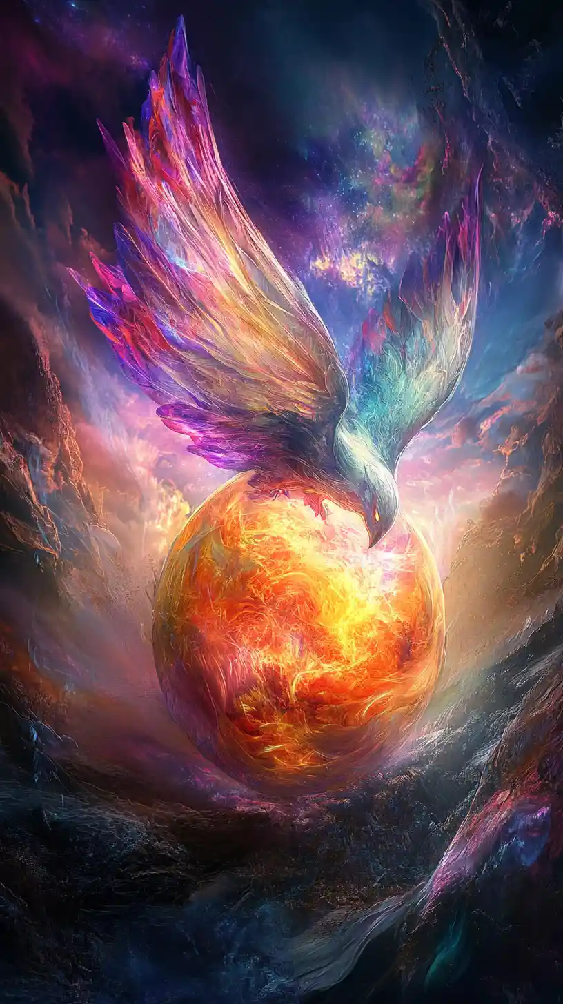 Creatura mistica che emerge da un uovo vibrante e luminoso