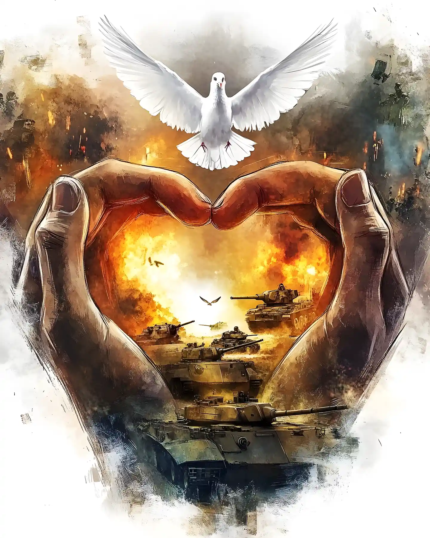 Hands Forming A Heart With War Scene And Dove Inside
