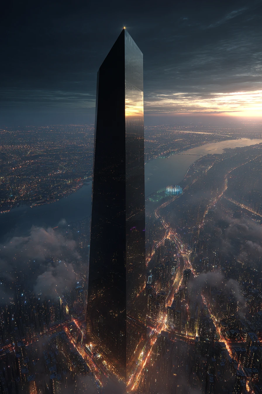 Colossal gratte-ciel noir dominant une ville côtière lumineuse