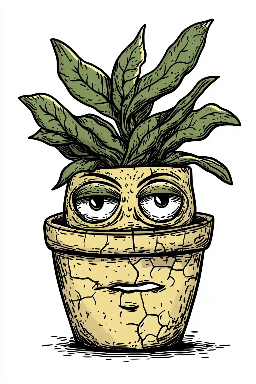 Cartoon-Zimmerpflanzenfigur im Blumentopf unter dramatischem Scheinwerferlicht