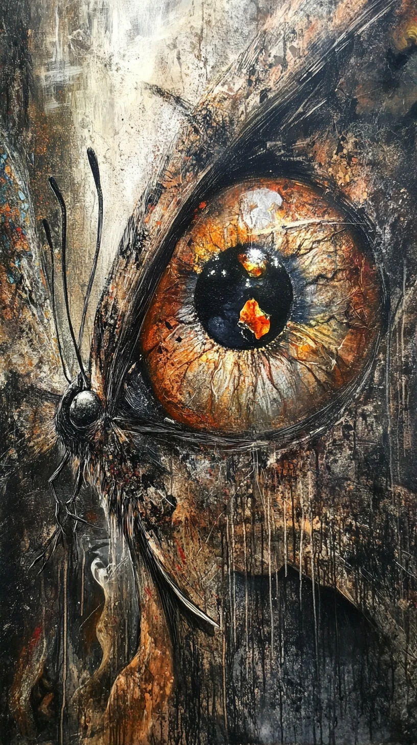 Borboleta surreal em mídia mista com olhos abstratos reflexivos