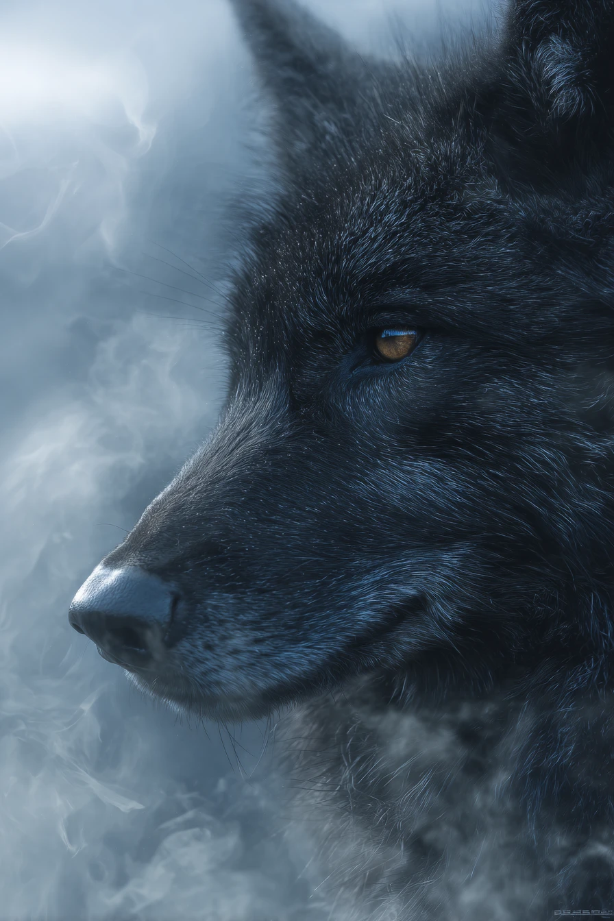 Lobo negro místico em close com névoa mágica espiralante