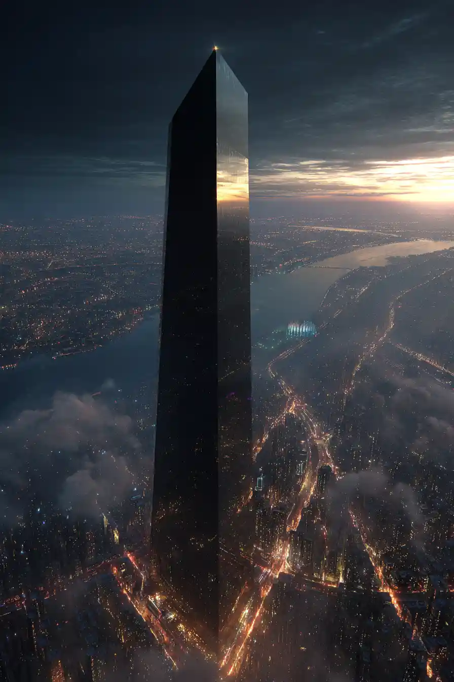 Colossal black skyscraper towering above glowing coastal city
