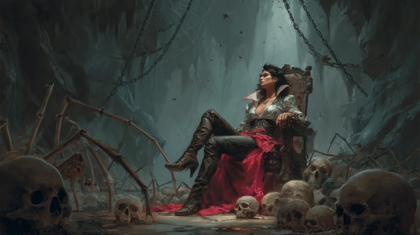 Spider queen on a stone throne in a cavernous lair