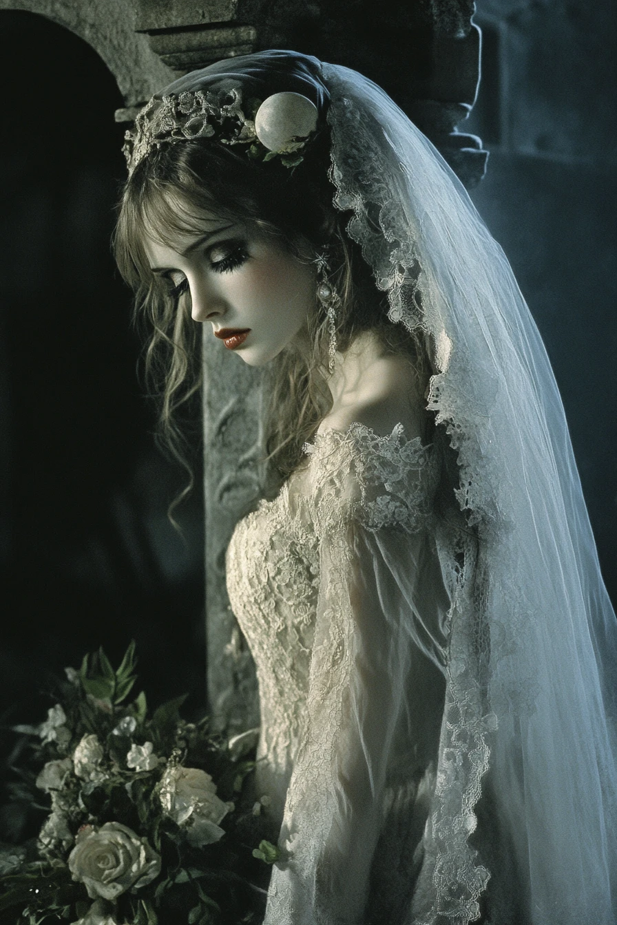 Sposa a brandelli che aspetta da sola in un cimitero inquietante