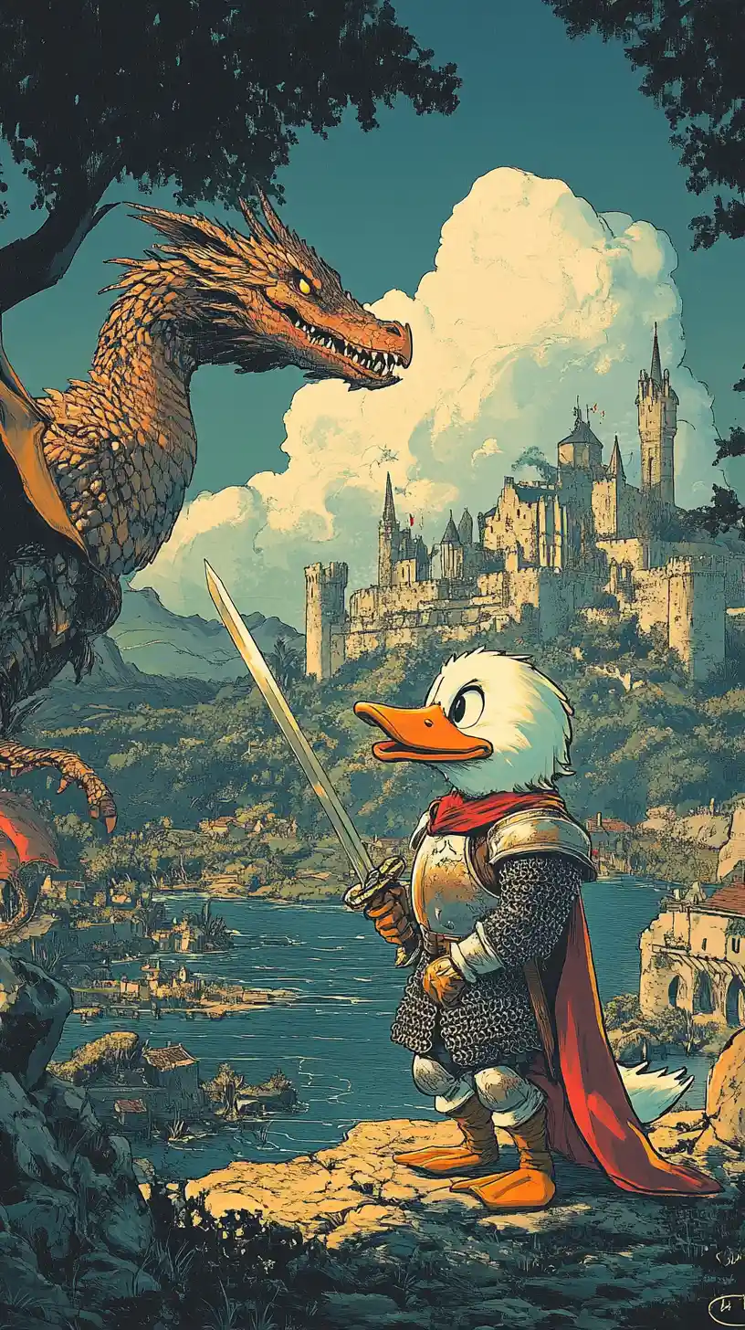 Chevalier canard affrontant un dragon dans une scène de bataille médiévale façon BD