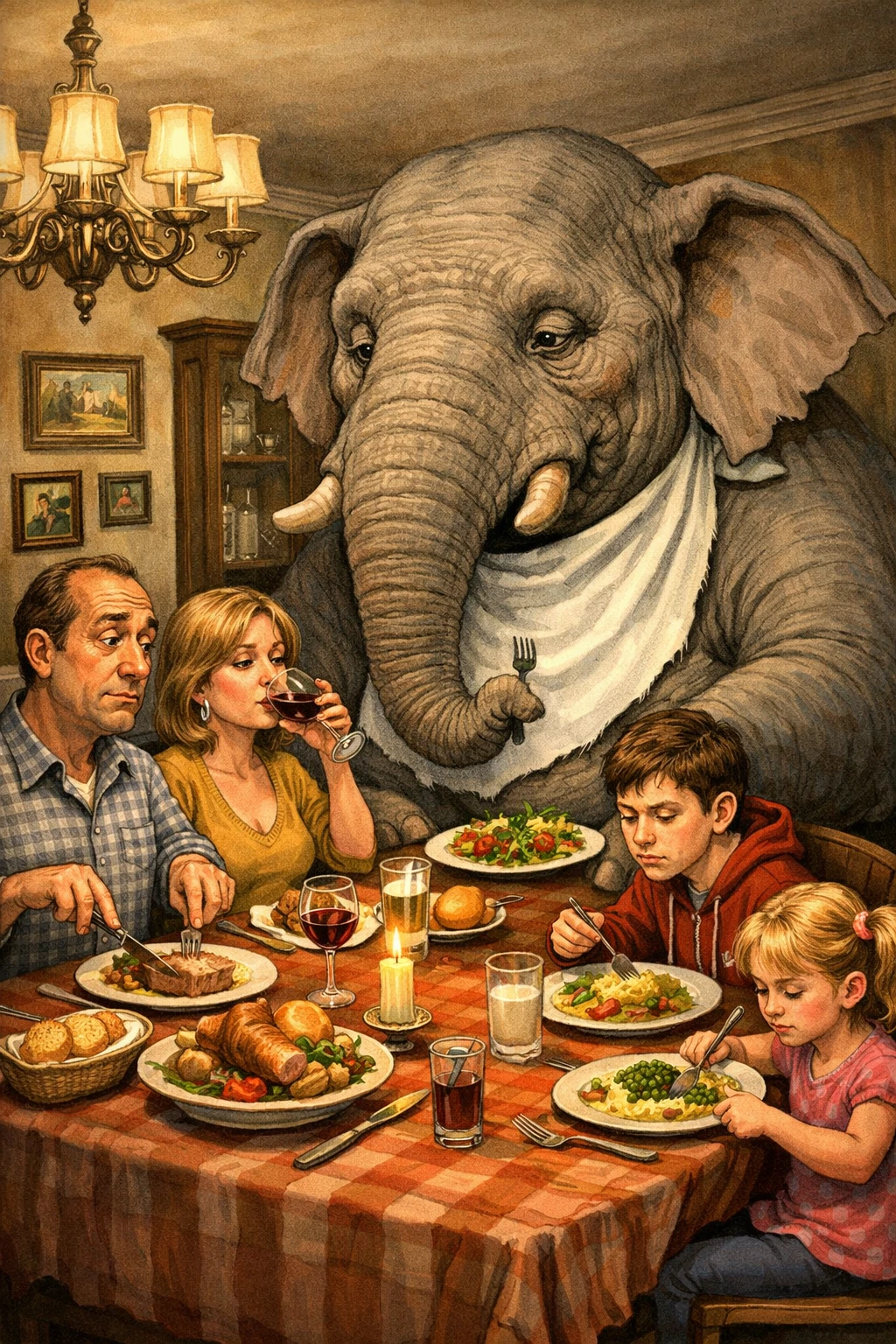 Jantar em família com um enorme elefante sentado educadamente à mesa