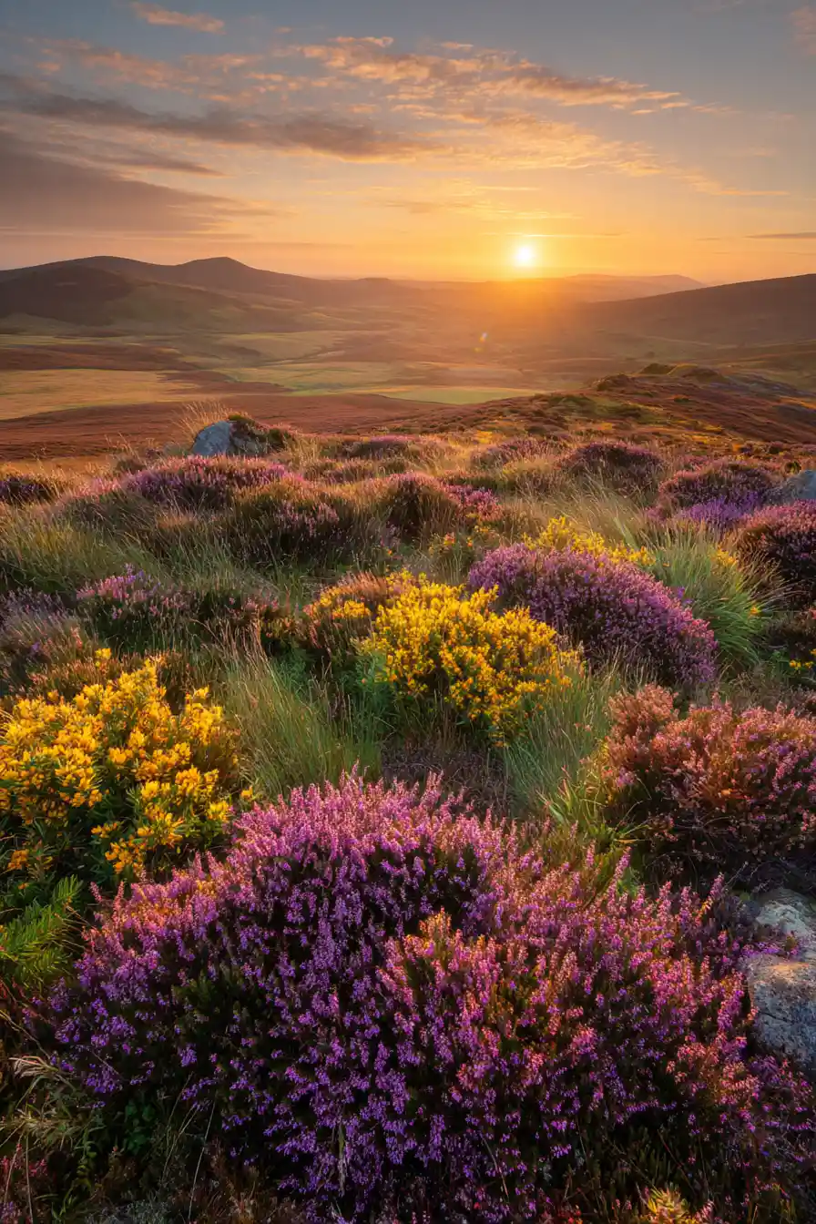 Golden sunrise over open Scottish moorland with flowers