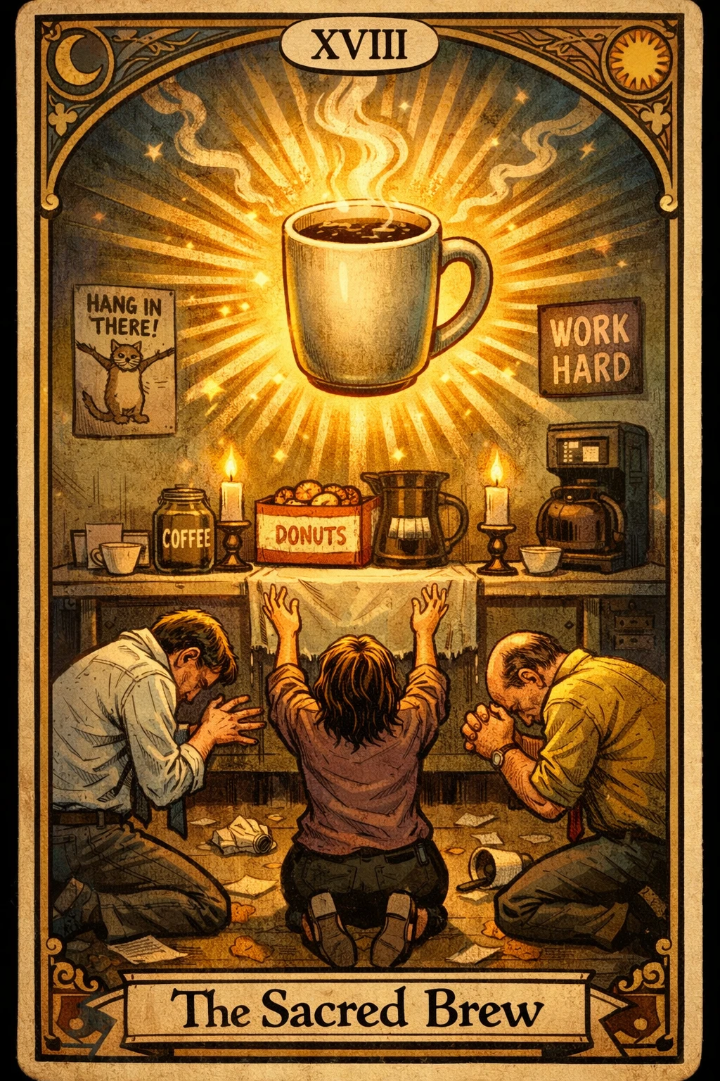 Divertente carta dei tarocchi con altare del caffè luminoso nella sala relax dell’ufficio