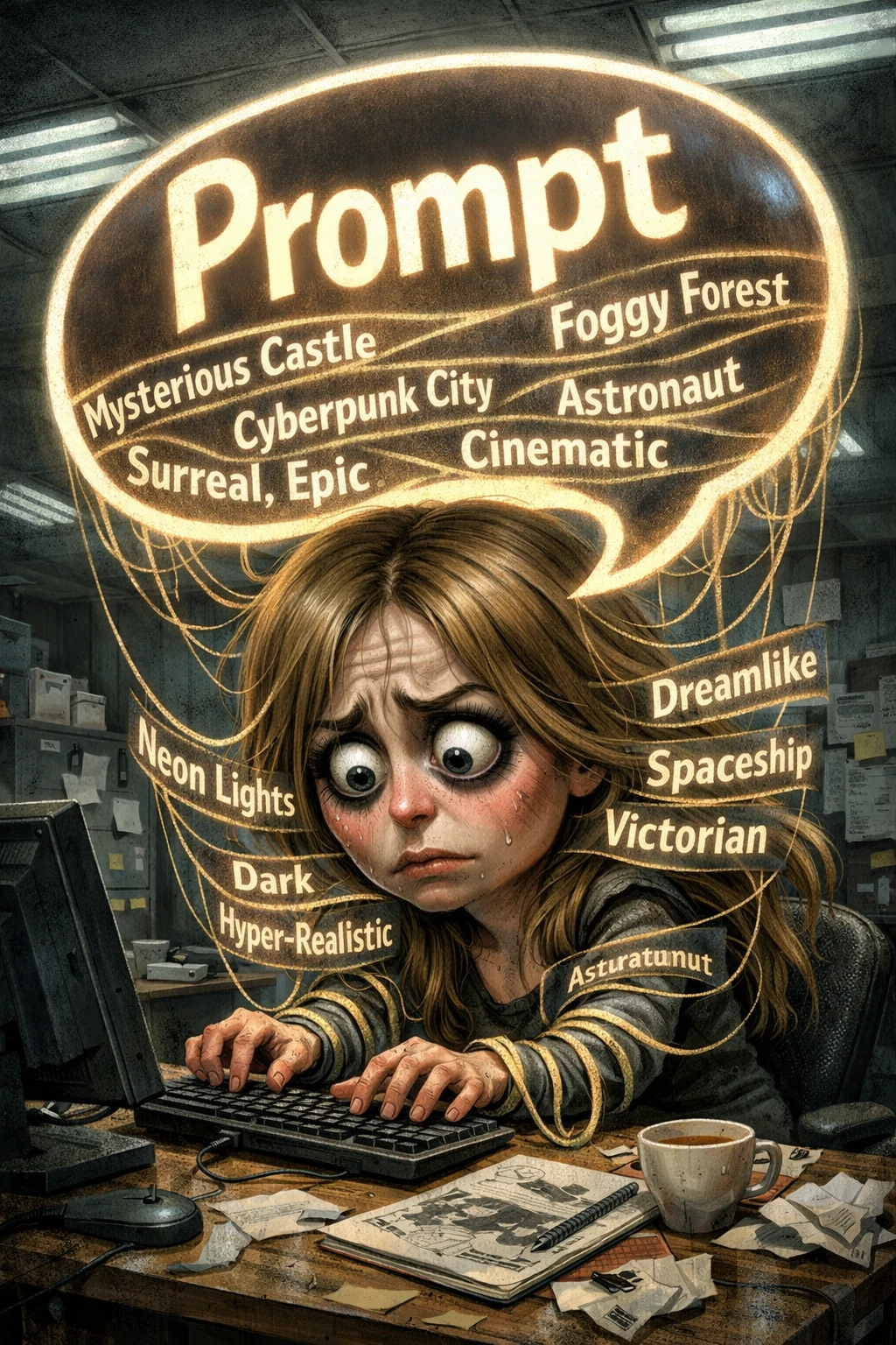 Artista donna ansiosa sotto un enorme fumetto di prompt