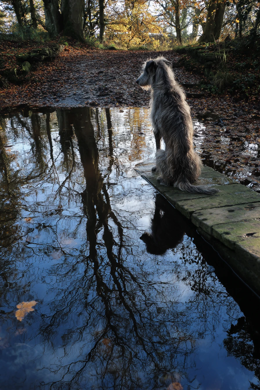 Wolfhound observando seu reflexo de uma ponte de madeira em decomposição