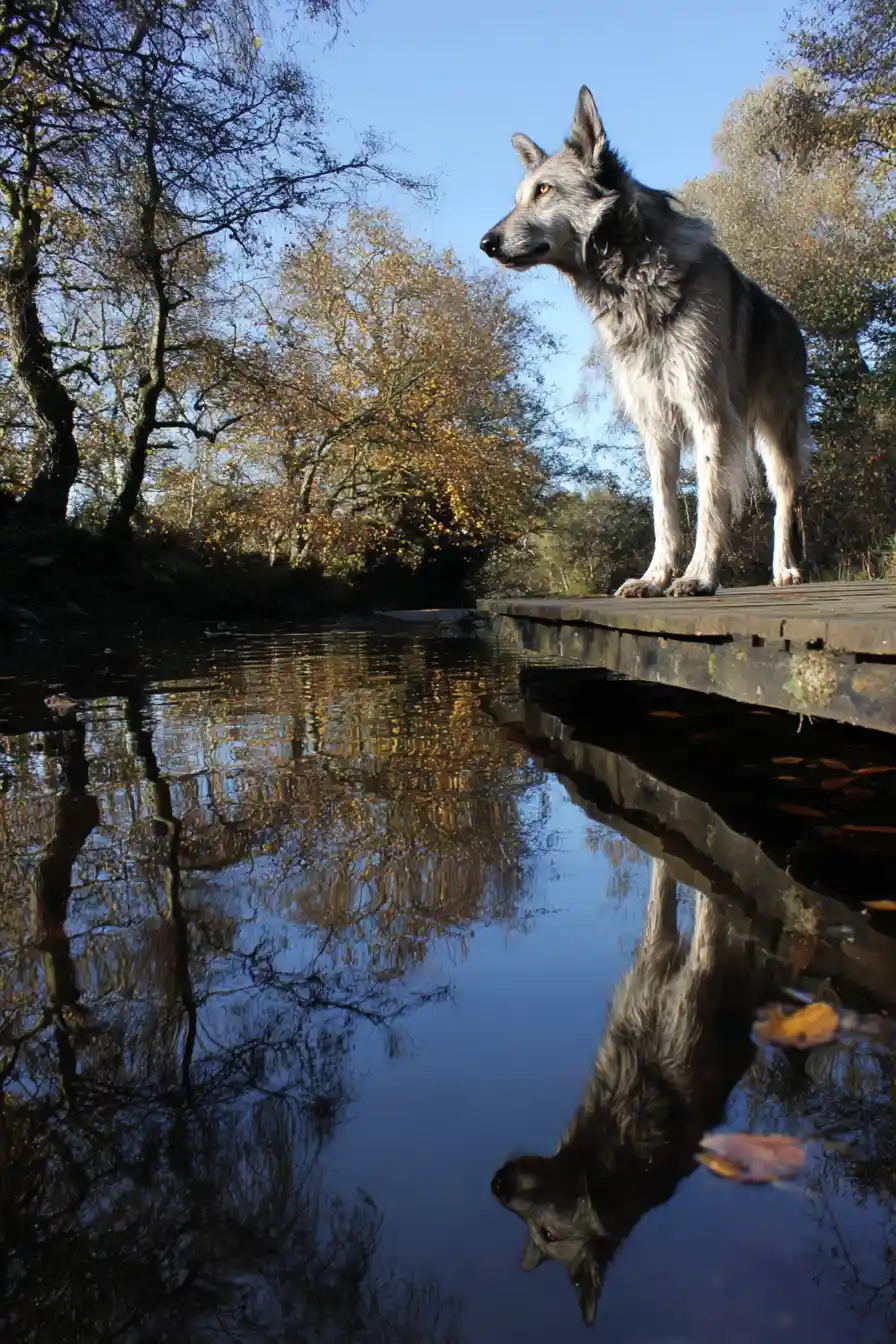 Wolfhound sur un pont en bois délabré au‑dessus d’un ruisseau d’automne limpide